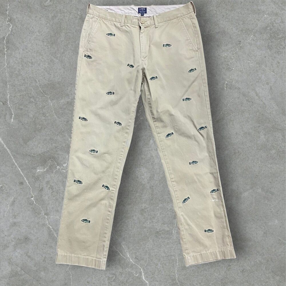 J. Crew Casual Fit AOP Embroidered Trout Khaki Pants Straight Men's Size 33 x 32